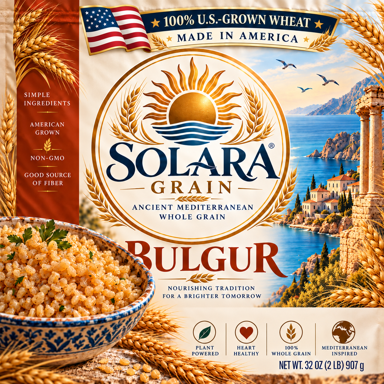 Solara Grain bulgur package with a golden sun, wheat, Mediterranean coastline, and a bowl of bulgur